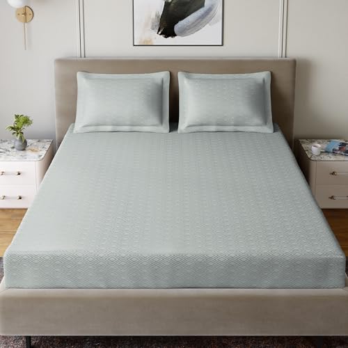 Image of Home Ecstasy 100% Cotton Jacquard Bedsheet for King Bed, 300 TC, Premium Woven Design, 1 Bedsheet (108 x 108 Inches) with 2 Pillow Covers, Light Blue