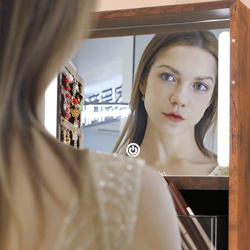 MASMIRE Rotating Jewelry Cabinet with Full-Length Mirror & Storage Brown