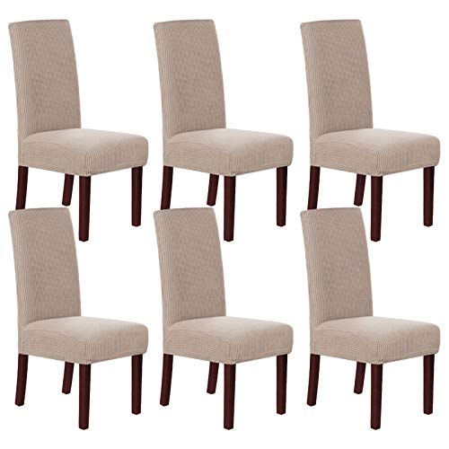H.VERSAILTEX Stretch Dining Chair Covers Set of 6 Chair Covers for Dining Room Parsons Chair Slipcover Chair Protectors Covers Dining, Feature Textured Checked Jacquard Fabric, Sand
