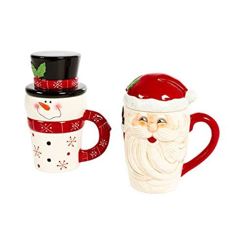 TRI Tassen mit Deckel Christmas, 2 Stück, Weihnachtstassen, Weihnachtsmann, Schneemann, Glühweintasse, Teetasse, Geschenktasse, Keramik, 300ml