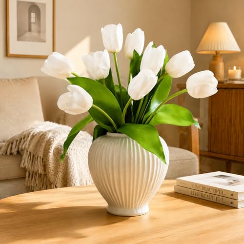 ArtCredit 10 Stems Artificial Tulips Bouquet 14 Fake Tulips Flowers Realistic Faux Flowers for Wedding Home Party Decor Spring Decor Valentines Day and Easter Decorations(White)