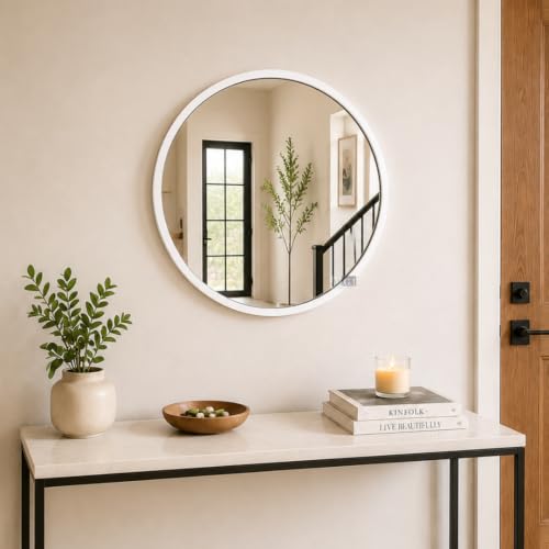 Image of Ali.G.I Round Wall Mirror, Modern Metal Framed Decorative Circle Vanity Mirror for Bathroom, Living Room, Bedroom & Entryway (White 18 inch)