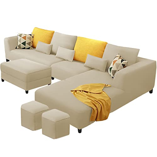 Image of Galib RHS 8 Seater L Shape Sofa Set with Ottoman & 2 Puffy for Living Room (Cream) Premium Fabric