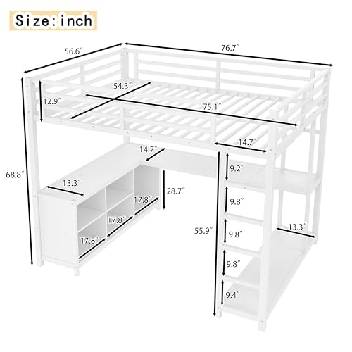 Image of Bellemave Full Size loft Bed with L Desk, Wardrobe, Metal Full Loft Bed Frame for Adults, Kids, Teens, White