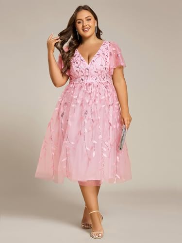 Image of Ever-Pretty Womens Embroidered Tulle Plus Size Cocktail Evening Party Dress A-Line Midi Wedding Guest Dresses for Curvy Women