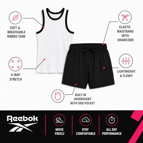 Image of Reebok Girls 2-Piece Short Set - Sleeveless Tank Top & Butterfly Shorts | Soft Cotton Feel, Stretchy Elastic Waist, Flowy Athletic Fit for Gym, Play & Everyday Wear
