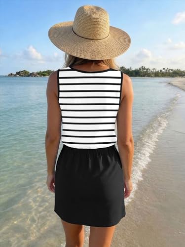 Image of SAUKOLE Womens Summer Causal Loose Sleeveless Crew Neck Drawstring Waist Mini Short Dress with Pockets