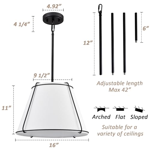 Image of Modern 3-Light 16 inch Black Pendant Light White Linen Drum Adjustable | Industrial Chandelier with Metal Frame, Sloped Ceiling Compatible for Bedroom Dining Room Kitchen Island Living Room