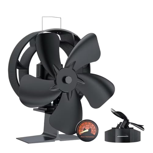 Ventilador estufa leña 5 Aspas, Gira Hasta 60 °, Ventilador de Chimenea con Termómetro, Silencioso (sin Electricidad) para Estufas de leña/Pellets/Gas.