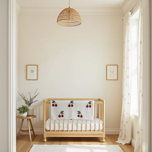 Image of Creative Co-Op Cotton Knit Baby Blanket with Cherry Print, Cream with Red and Green