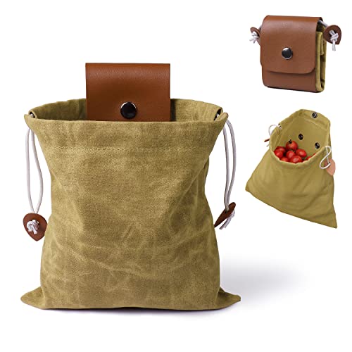 Khaki Foraging Bag, Outdoor Picking Fruit Bags, Waxed Canvas Foraging Pouch, Foldable Leather Belt Pouch With Drawstring Multi-Purpose Picking Bag for Camping, Shells, Treasures, Travel, Hiking, Tools