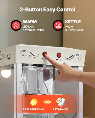 Image of VEVOR Popcorn Machine with Cart, 8oz Stainless Steel Kettle, 800W Commercial Popcorn Maker, 48 Cups per Batch Theater Style Popper, with 2-Button Control Glass Wall PC Door 1 Scoop 3 Spoons, White