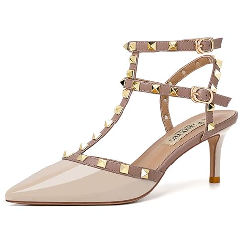 FamMe Damen-Slingback-Pumps aus Lackleder mit spitzer Zehenpartie, Stiletto-High-Heel-Sandalen mit Nieten, T-Riemen und Nieten, Hochzeitskleid-Schuhe,Braun,40