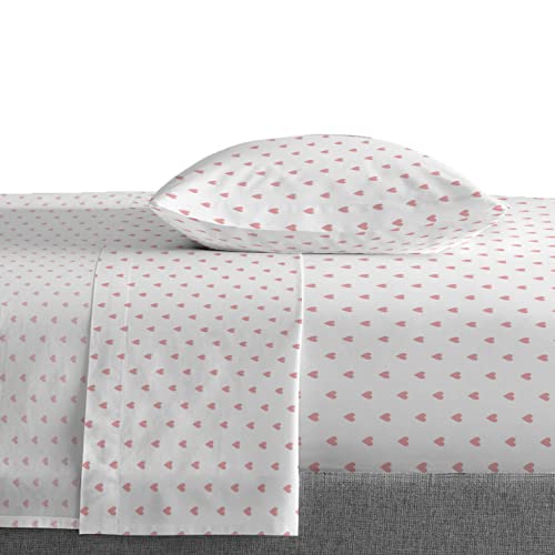 Saturday Park Pink Hearts Twin Sheet Set - 3 Piece 100% Organic Cotton Sheets - GOTS & Oeko-TEX Certified