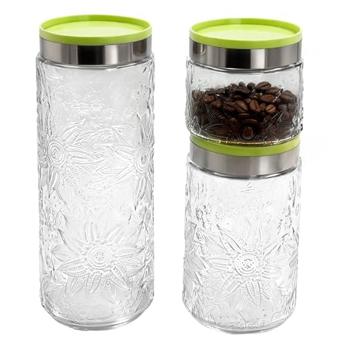 Vintage Glass Tea Coffee and Sugar Canisters Set with Embossed Design & Screw-Top Lids, 3-Piece Stackable Kitchen Jars for Food Storage - Sugar, Flour Containers (14oz, 20oz, 37oz)