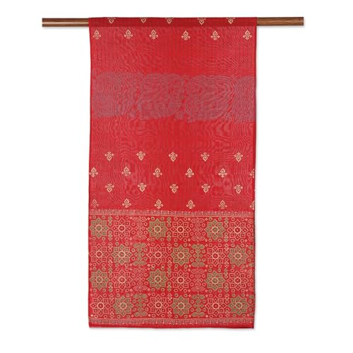 NOVICA Artisan Handmade Handwoven Cotton Blend Shawl Blockprinted Silk from India Accessories Shawls Red Gold Tone ' Eternal Flame'