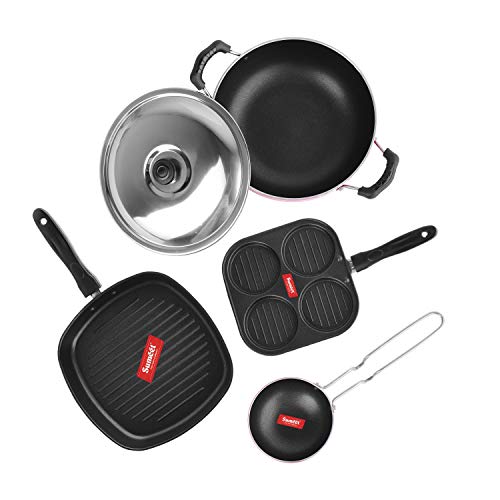 Image of Sumeet 2.6mm Thick Non-Stick Ruz Cookware set (Mini Multi Snack Maker - 19.5cm Dia + Kadhai with Lid - 1.5Ltr capacity- 20cm Dia + Grill Pan - 1.1Ltr Capacity - 22cm Dia + Tadka pan - 10cm Dia)