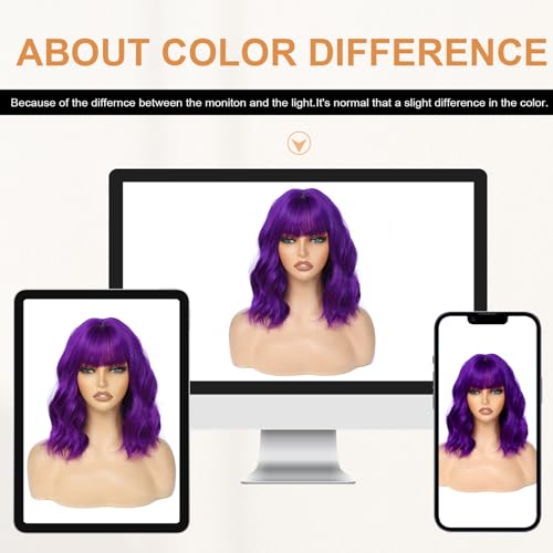 Image of AGO Purple Wig with Bangs Short Loose Wave Pastel Bob Wigs Shoulder Length Synthetic Hair for Women Girl Synthetic Heat Resistant Fiber for Daily Party Halloween Cosplay Use(415#Purple)