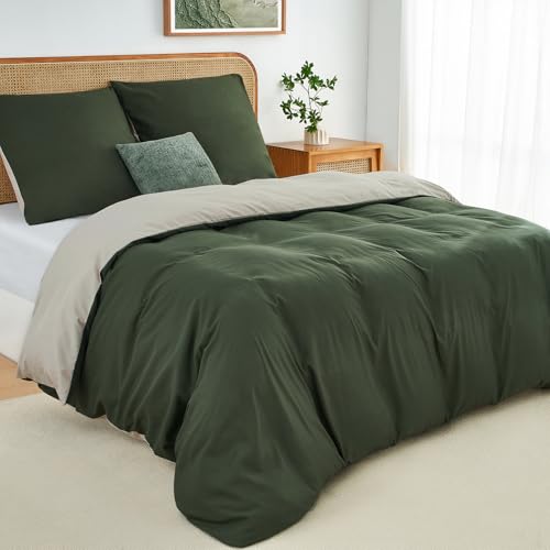 Duvetnova Bettwäsche 200x200 3teilig Olivgrün/Beige Bettwäsche-Sets...