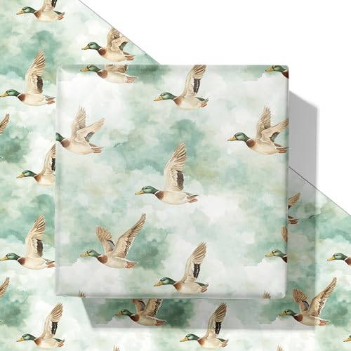 SaringSwoon Sage Green Mallard Duck Wrapping Paper - Watercolor Gift Wrap with Duck Design for Birthdays Baby Shower Fathers Day Wedding - 2840 Inches 4 Jumbo Folded Sheets