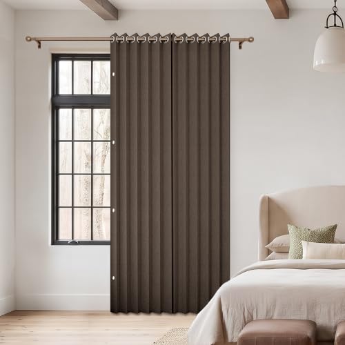 HMYI Full Blackout Memory Trained Pleated Curtains with Magnetic Closure, Flax Linen Textured Thermal Insulated Drapes, 1 Panel, W45 x L90, Brown