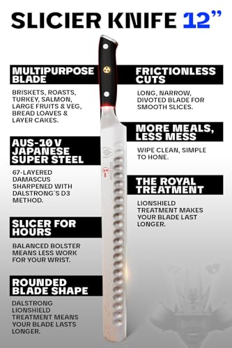 Dalstrong Carving Slicing Knife - 12 inch - Shogun Series ELITE - Granton Edge - Japanese AUS-10V Super Steel Kitchen Knife - Damascus - Vacuum Treated - Slicer Kitchen Knife - Sheath Included