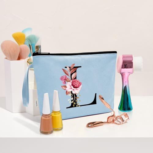 Image of Vavabox A-Z Personalized Makeup Bag, Birthday Gifts for Women Mom, Gifts for Best Friend, Bride Bridesmaid Cosmetic bag (L, Blue)