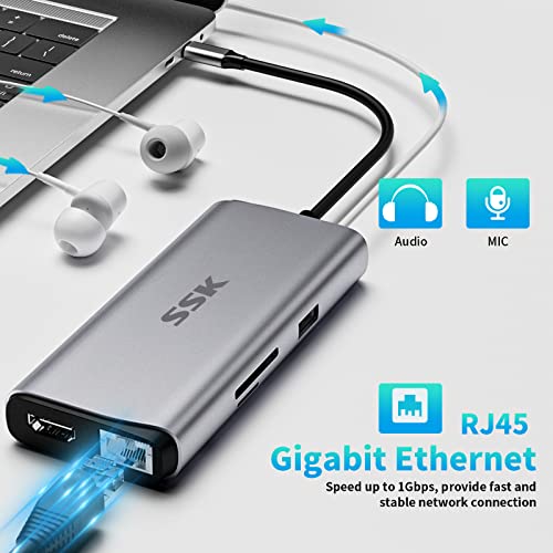 Image of SSK 10Gbps USB-C Hub, HDMI 4K 60Hz Dock with Ethernet, USB3.2, 10 in 1 Docking Station Multiport Adapter for USB C MacBook /Laptops, Grey