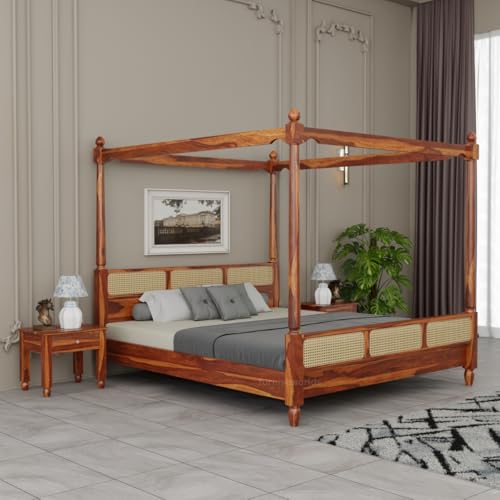 Image of Sheesham Wood King Size Poster Bed Four Poster Bed for Bedroom Solid Wood Double Bed Rattan Canopy Bed Cot Rattan-Honey-King
