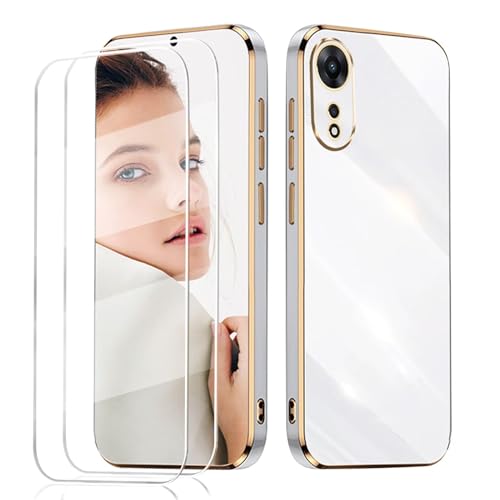 LENGRACE para OPPO A78 5G Borde Chapado Carcasa con 2 Protector Pantalla,Galvánico Silicona TPU Anti-Choque Antigolpes Funda-Blanco