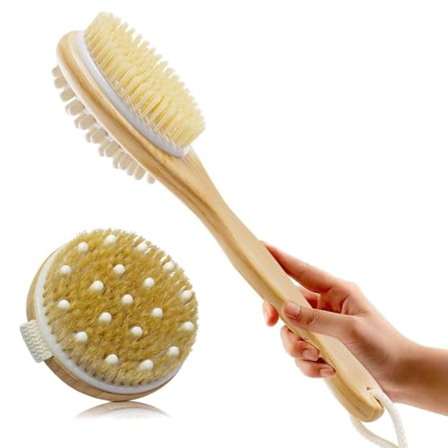 Image of KIMEE Wooden Bath Brush Combo with Long Handle Bath Brush and Handheld Round Body Brush | Natural Bristles and Massager Nodes Set for Shower Exfoliation, Cellulite Care and Dry Brushing