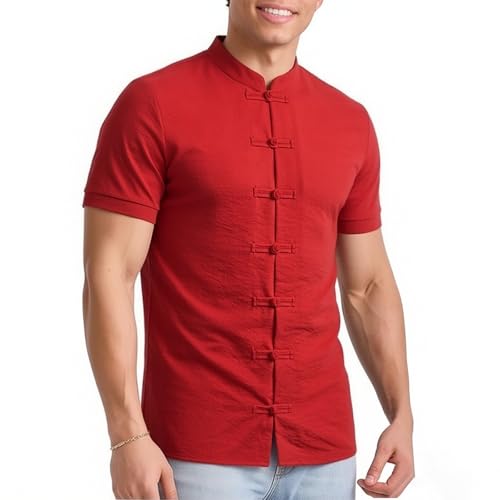 DENGJIAMY - Camisa de manga corta para hombre, talla grande, uniforme tradicional de Kung Fu, botones de rana china, chaqueta ligera para verano, Z15 rojo, XL