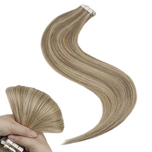 【9% Off】16inch Invisible Hair Extension Tape in Human Hair 50gram #16 Dark Ash Blonde Highlighted with #22 Golden Blonde Seamless Skin Weft Hair Extensions 20pcs