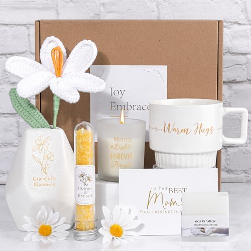 Christmas Gift for Mom,Relaxing Spa Basket with Warm Hugs Mug, Scented Candle, Tulip Vase and More, Perfect for Mother's Day, Birthday, Thanksgiving, Retirement & Thank You Gifts