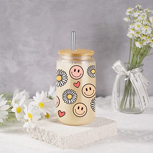 Coolife Smiley Face Cute Cup - 16 Oz Iced Coffee Cup, Can Shaped Drinking Glass W/Bamboo Lid And Straw, Aesthetic Glass Can Tumbler Cup For Coffee, Smoothie, Beer - Birthday Unique Gifts For Women #TOP2
