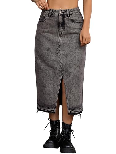 Women's Denim Skirt High Waist Front Slit Raw Trim Hem Pencil Skirt with Pockets Midi Jean Skirts