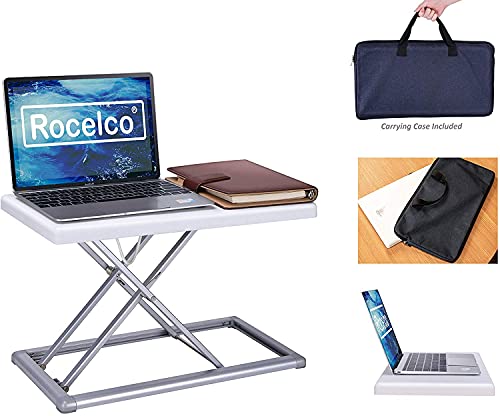Rocelco 19" Portable Standing Desk Riser Converter Bundle- Height Adjustable Travel Laptop Keyboard Raising Workstation With Anti Fatigue Mat - Carry Bag Pouch - White (R Pdrw-Mafm) #TOP4