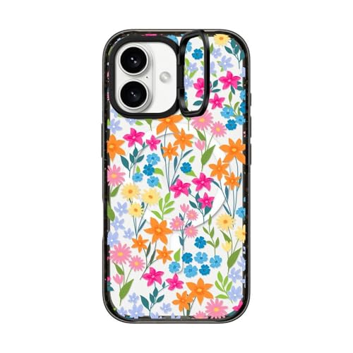 Coque iPhone 16 béquille antichoc compatible Magsafe CASETiFY noir transparent design fleuri