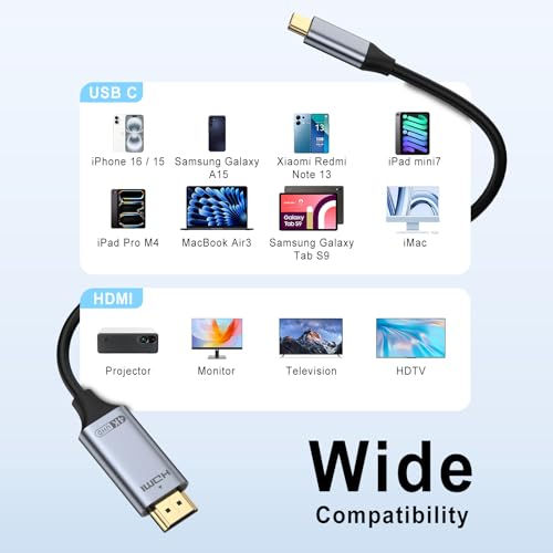 Image of Tobfit USB C to HDMI Cable 2m 4K@60Hz 1440P@120Hz 1080P@240Hz Type C Thunderbolt 5 4 3 to HDMI 2.0 HDR Adapter Compatible with iPhone 16 15 MacBook Pro Air Mac Mini, iMac iPad Galaxy etc