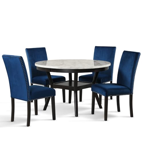 New Classic Furniture Celeste 5-Piece Faux Marble Round Dining Set with 1 Table and 4 Chairs, 47-Inch, Blue -  41-400-BLD4C