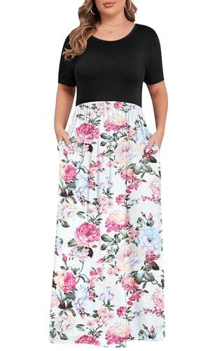 Image of KARALIN Women Plus Size Maxi Dress Short Sleeve Round Neck Loose Fit A-Line | Plus Size Long Dress,Summer Casual Maxi Dresses,Short Sleeve,Side Pockets,Round Neck,Elastic Waist,14 Plus - 26 Plus