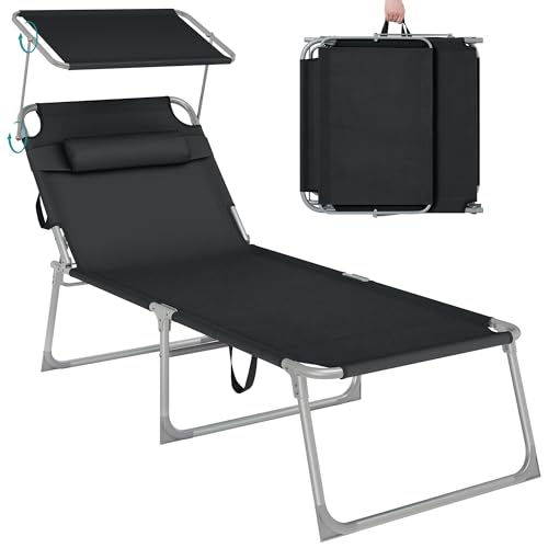 SONGMICS Große Sonnenliege, klappbarer Liegestuhl, 71 x 200 x 38 cm, Belastbarkeit 150 kg, mit Sonnenschutz, Kopfstütze und Verstellbarer Rückenlehne, für Garten Pool Terrasse, schwarz GCB22BK
