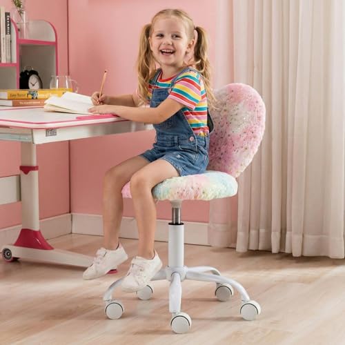 Image of Kmax Kids Reading Chair, Rolling Cute Desk Chair for Girls Swivel Office Chair with Wheels & Heart Back Adjustable Childrens Vanity Chair for Bedroom Reading Room - Faux Fur, Colorful