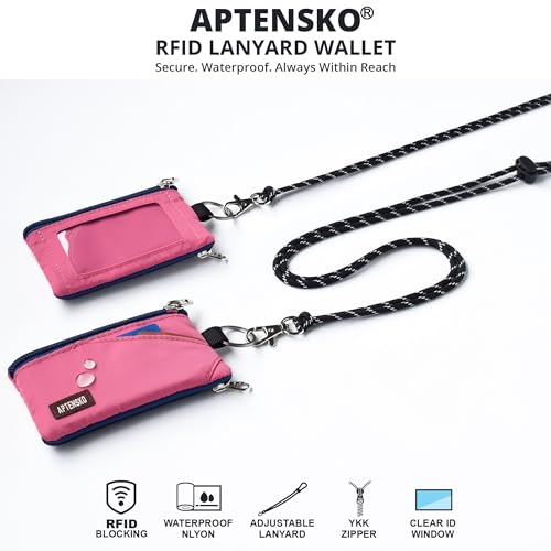 Image of RFID Blocking Travel Wallet with Adjustable Lanyard, Small Nylon Zipper Pouch and Badge Holder for ID, Credit Cards, Cash, Keys, Commuters (Rose Pink)