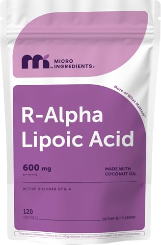 Micro Ingredients R Alpha Lipoic Acid 600 mg Per Serving, 120 Softgels | Active R-Isomer with Coconut Oil | ALA Supplement | Non-GMO, Gluten Free, No Soy