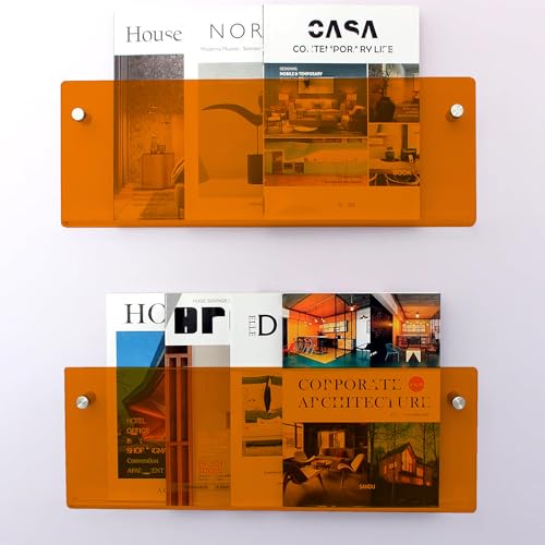Gwezmxs 2Pcs Porte Revue Mural, Orange Porte Vinyle Etagère Mural, Accroche Vinyle Mural Acrylique, Acrylic Wall Mounted Magazine Shelf 40CM
