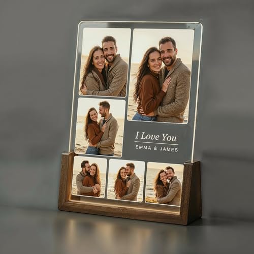 Personalised LED Acrylic Photo Lamp | Custom Night Light | Photo Collage Light | Unique Photo Gift for Her Him | Custom Name Night Light with Wooden Stand (Design 03)