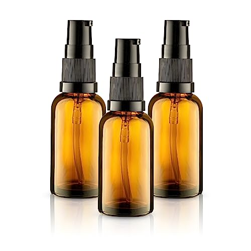 3 Pack Empty Refillable Glass Amber Pump Bottle Ideal for Lotion Cream Essential Oil Travel Small Container, 30ml
