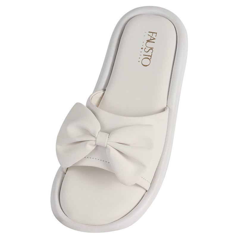 Image of FAUSTO Women Open Toe Bow Design Slip On Sliders | Extra Comfort Cushioned Insole Slippers | Classic Flat Sandals for All Day Long