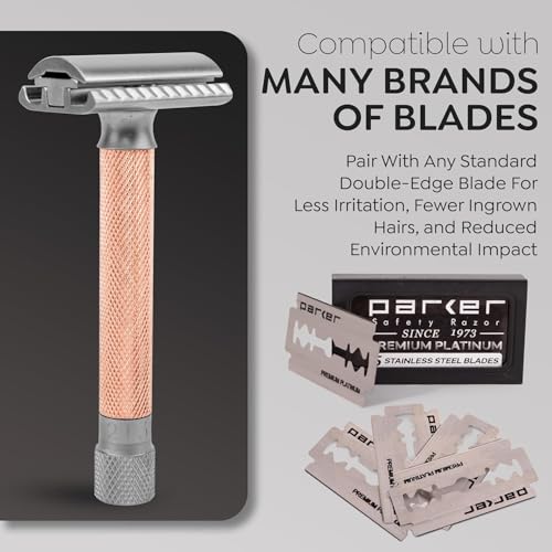 Image of Parker THE VARIANT CLOSED COMB - ADJUSTABLE Double Edge Safety Razor, Customize your Shave with a Turn of the Dial from Mild to Aggressive - 5 Blades Included (ROSE GOLD)